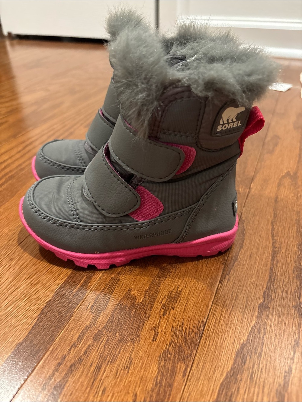 Sorel Kids Gray Boots with Bright Pink Trim and Faux-Fur Cuff